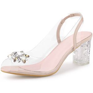 Clear Slingback Rhinestone Peep Toe Block Heels Beige Sandals